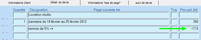 remise dans le corps du devis