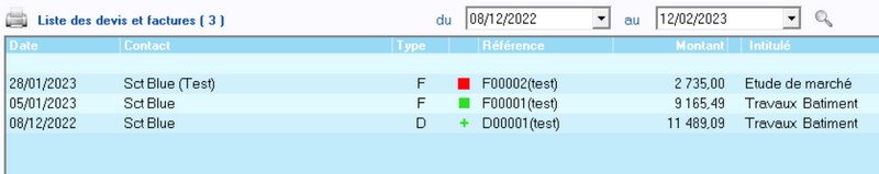 Facturation: liste des documents devis ou facture pour la periode demandée